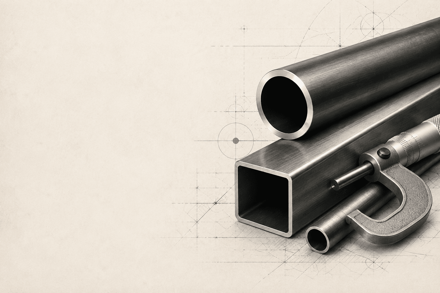 Precision steel tubing and inspection micrometer over technical drawings