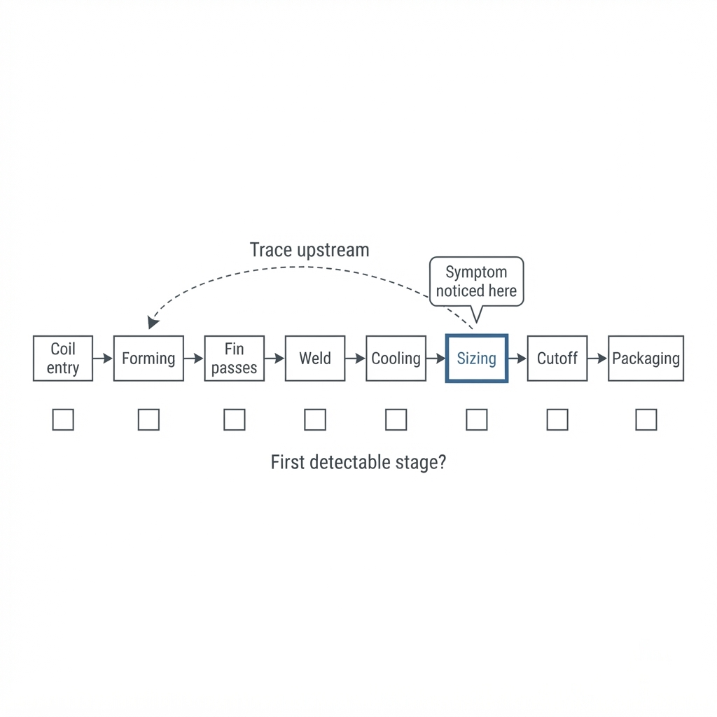 Process-flow diagram of eight tube mill stages from coil entry to packaging, each with a first-detectable-stage checkbox, with the sizing stage tagged as where the symptom was noticed and a dashed arrow tracing upstream toward forming