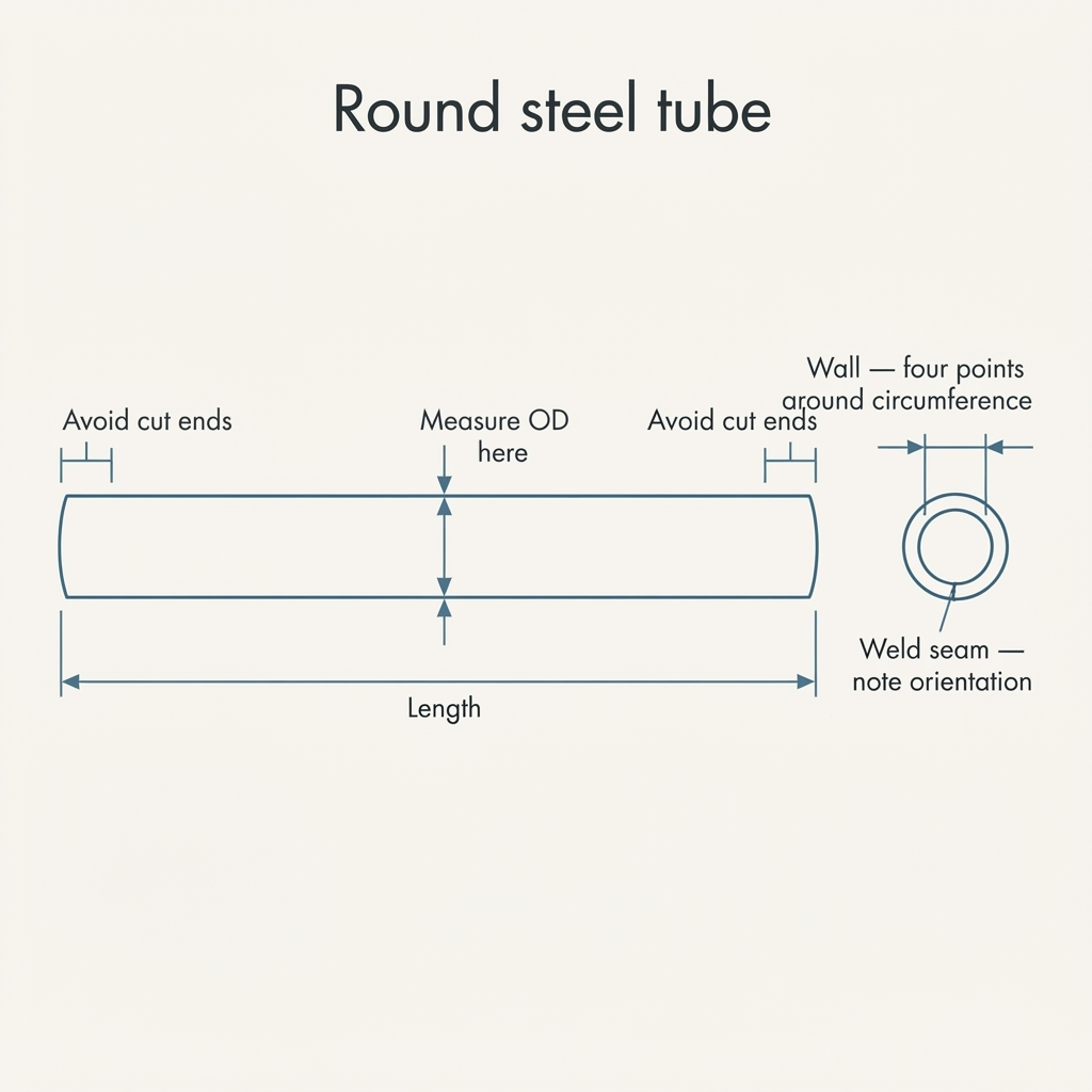 Line diagram of a round tube showing zones to avoid near cut ends, an OD measurement location at mid-length, an overall length dimension, and a cross-section detail indicating wall measurement at four points around the circumference and the weld seam orientation
